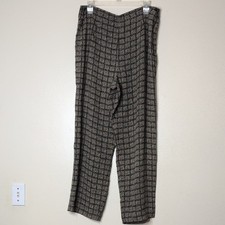 Talbots Pure Silk Trouser wide leg black tan print pants size 12p NWOT