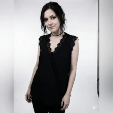 Black Lace Trim Camisole Top XL V-Neck Sleeveless Layering Shell Goth Career