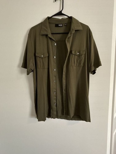 Murano Liquid Luxury Slim Fit Olive Green Short Sleeve Button Up Shirt Size XL
