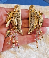 Lunch At The Ritz Gold Plated Rhinestone Angel Wing Clip Dangle Earrings 3.5"