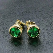 Women Stud Earring 14K Yellow Gold Plated Round Cut 2Ct Lab Created Emerald