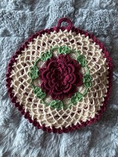 Vintage Crocheted Red Rose Potholder