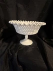 Fenton Milk Glass Hobnail Pedestal Compote Bowl/ Candy Dish w/ Ruffled Edge