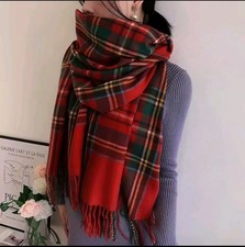 Oversized Red Plaid Tartan Blanket Scarf Shawl Wrap  Winter Warm Soft Fringe