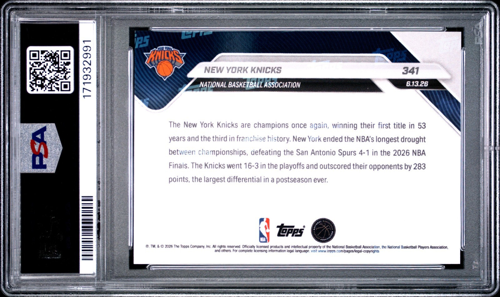 2025 TOPPS NOW #341 NEW YORK KNICKS PSA 9 MINT - NBA CHAMPIONSHIP view 2