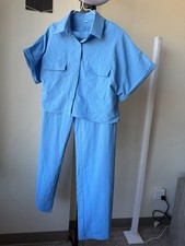 Light Blue 2 Piece Outfit Set Short Sleeve Button-Up Shirt Straight Leg Pants S
