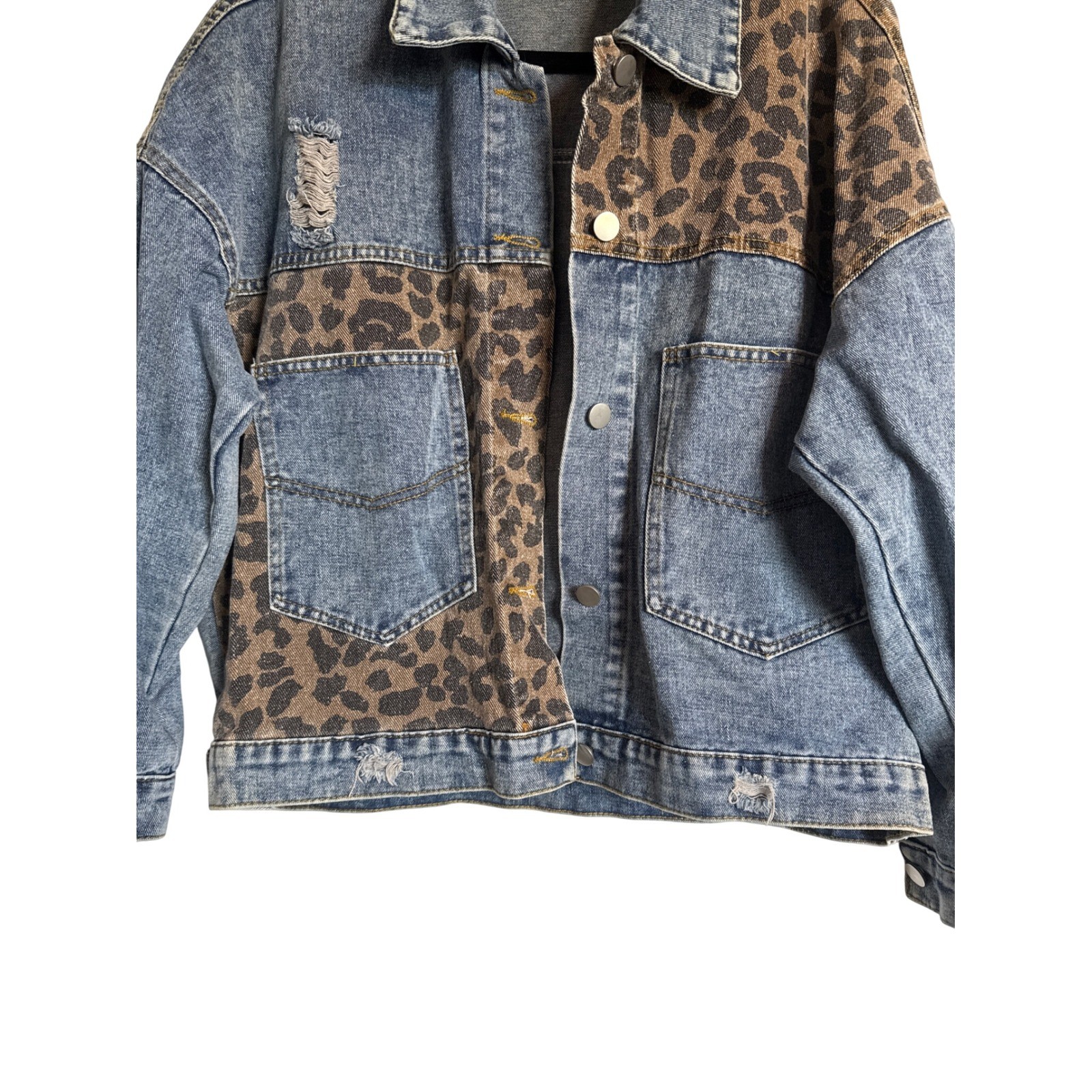 Distressed Denim Jacket Leopard Print Patchwork W… - image 3