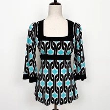 Vtg INC International Top Womens XS* Blue Geometric Empire Waist Phoebe Friends