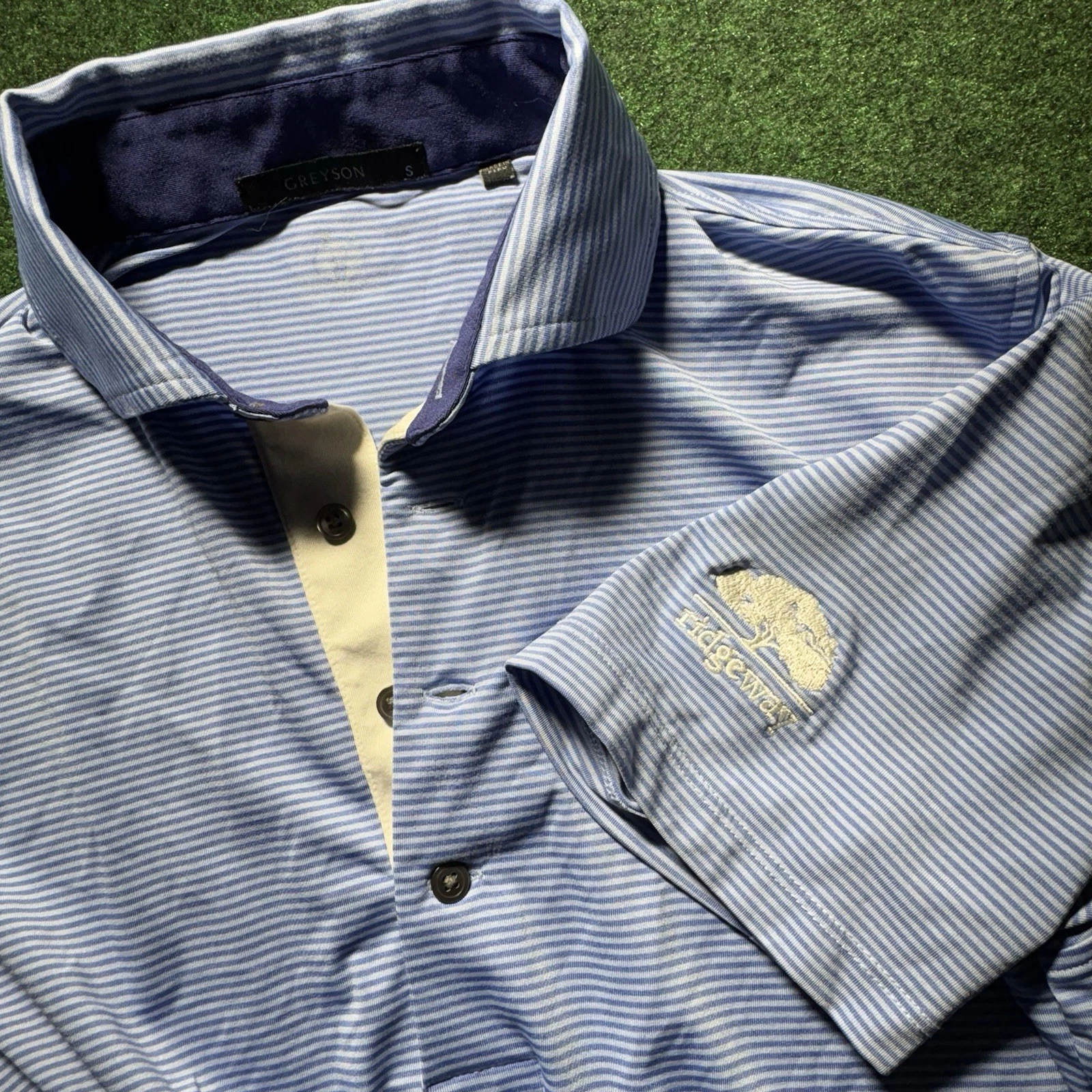 Greyson Polo Shirt Mens SM Blue Stripe Athletic Top Collared Golf Tee Embroidery