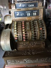 VINTAGE BRASS CASH REGISTER AND OAK ICE BOX