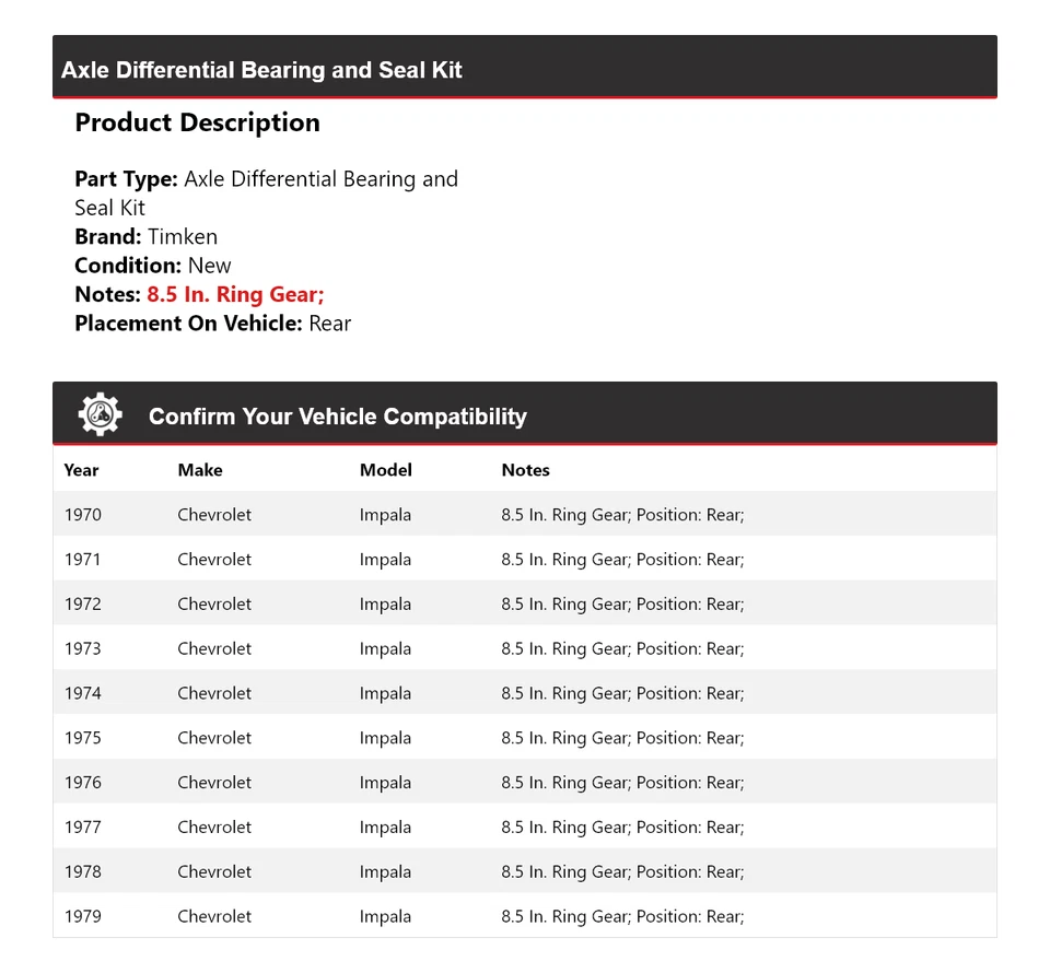 Kit de cojinete y sello diferencial eje trasero Timken para Chevrolet Impala 1970-79 Foto 2 de 3