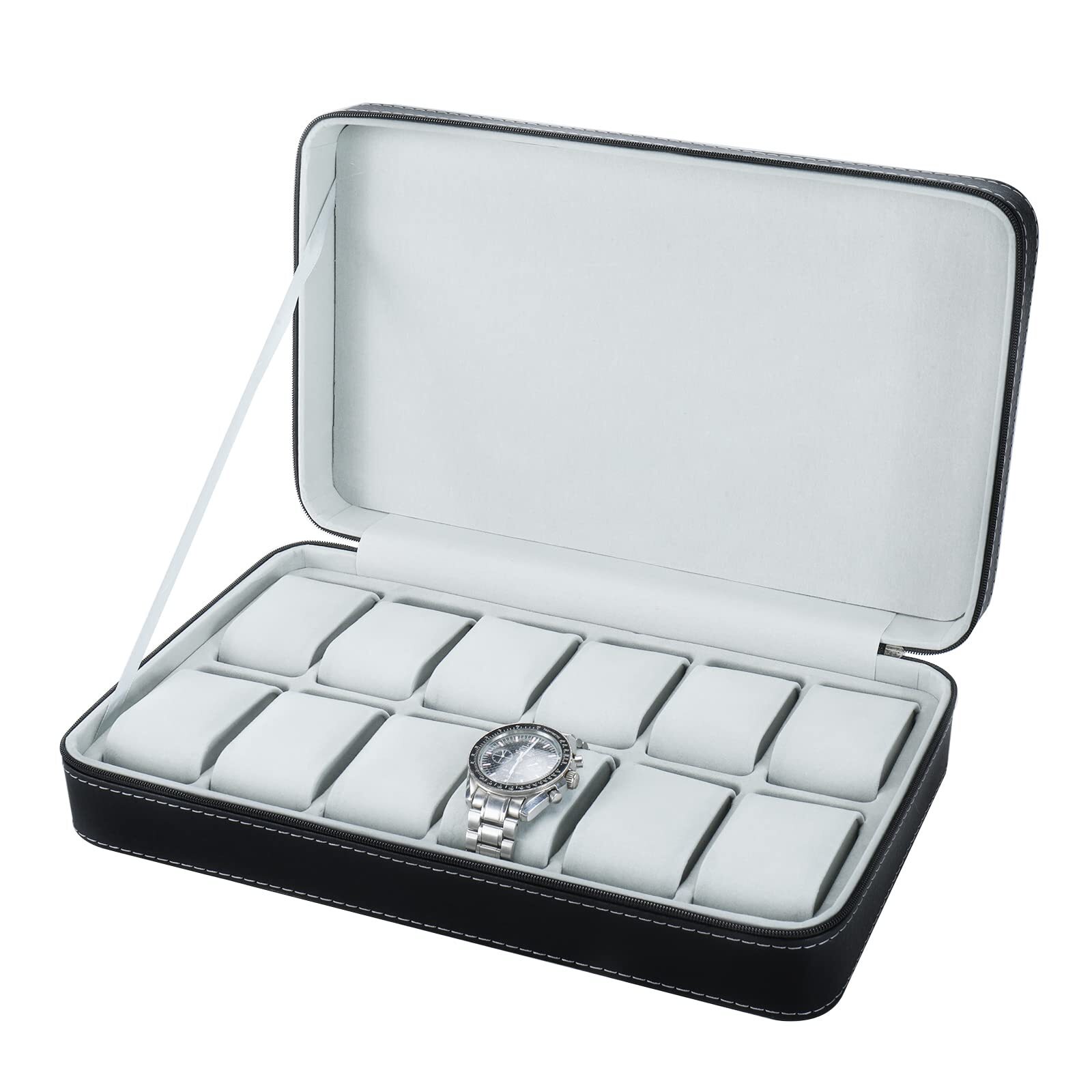 12 Slots Watch Boxes,Portable Zip Watch Jewelry Display Case with Removable P...