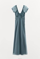 Zara Woman Embroidered Slip Dress With Beading & Embellishment Mid Blue camisole