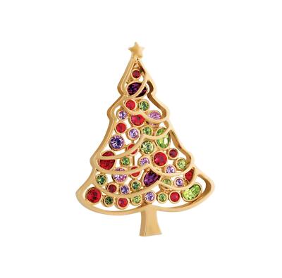 Christmas Tree Pin Brooch Gold Plated Metal Alloy Set With Czech Crystals