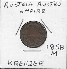 AUSTRIA AUSTRO HUNGARIAN EMPIRE 1 KREUZER 1858-M RULER:FRANZ I,SMALL EAGLE,DENOM