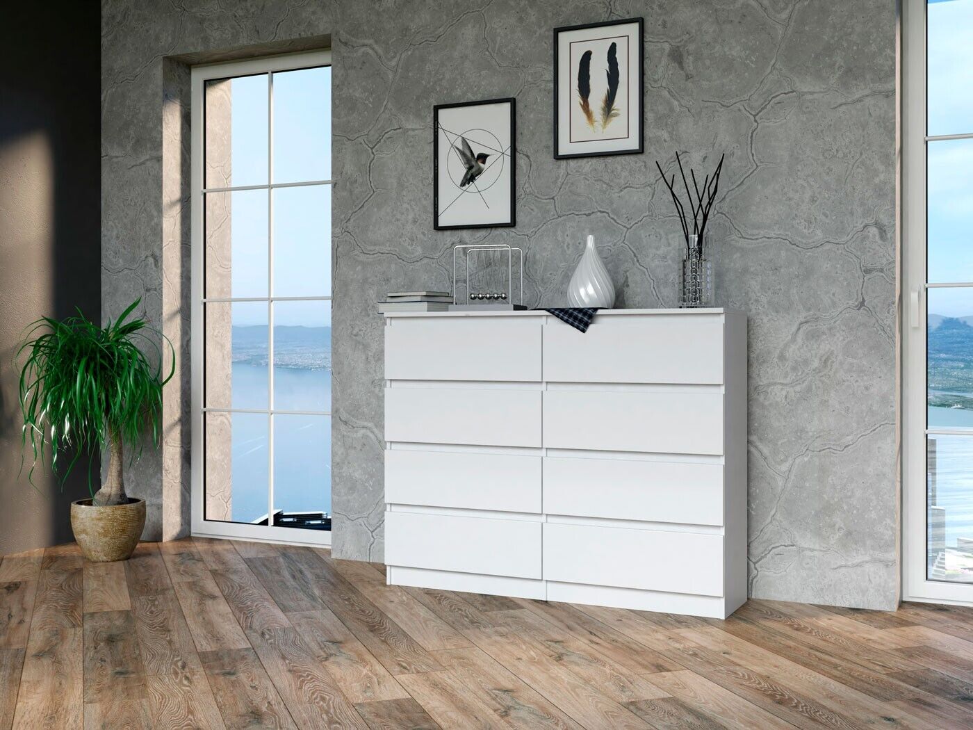 Kommode mit 8 Schubladen 120cm Sideboard weiß Anrichte holz