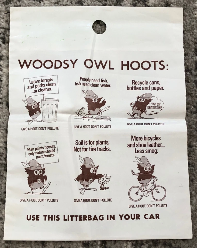 Bolsa de basura ambiental vintage años 70 Woodsy Owl "Give a Hoot" campaña basura Foto 2 de 4