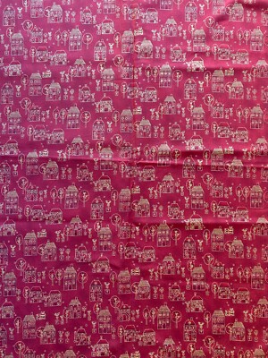 STOF FABRIC~Home of Xmas~DARK RED~Gold Narrow Houses~TREE~Folk Art~VINTAGE~44x67