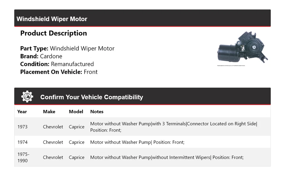 Двигатель стеклоочистителя переднего стекла Chevrolet Caprice 1973-1990 годов выпуска 1974 1975 годов выпуска - Изображение 2 из 4