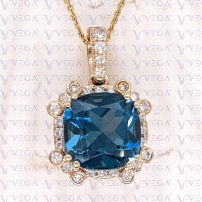 5.34ct Cushion Shape Natural Topaz Gemstones Diamond Pendant Real 14K Rose Gold