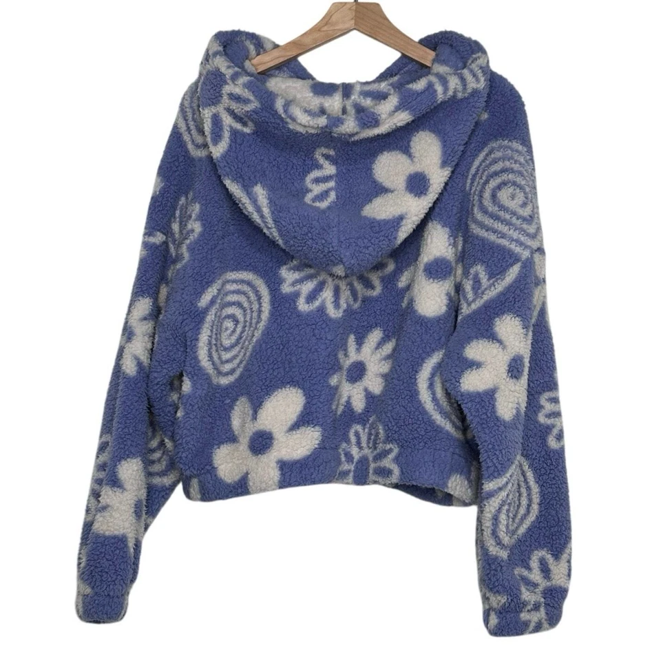 Cali 1850 Floral Periwinkle Sherpa Fleece Jacket Hoodie Full Zip Cozy Women XL - Image 3 of 4
