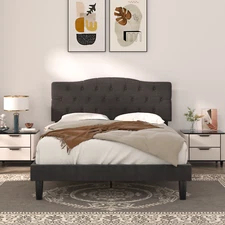 VECELO Upholstered Platform Bed Twin Full Queen with Headboard Wood Slat Support
