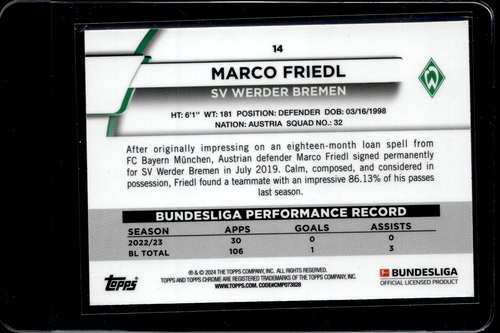 TOPPS BUNDESLIGA CHROME 2023-2024 MARCO FRIEDL SV WERDER BREMEN AQUA - Picture 2 of 2