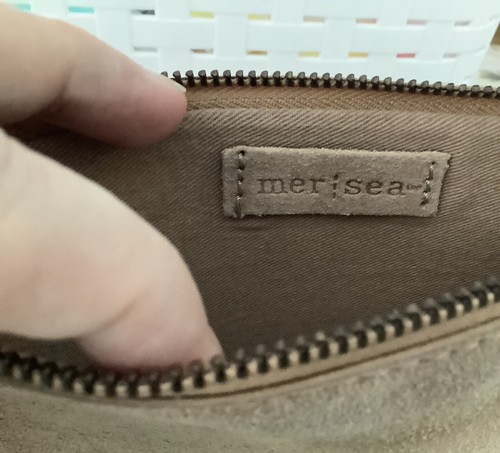 NWT MERSEA TAN SUEDE ZIPPER CLITCH BAG & TASSEL KEYCHAIN! - Picture 7 of 8
