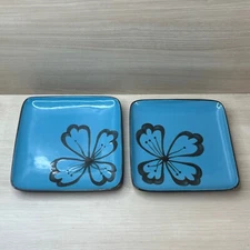 Pier 1 Hibiscus Pattern Brown Turquois Square Salads Plates 9" Set of 2