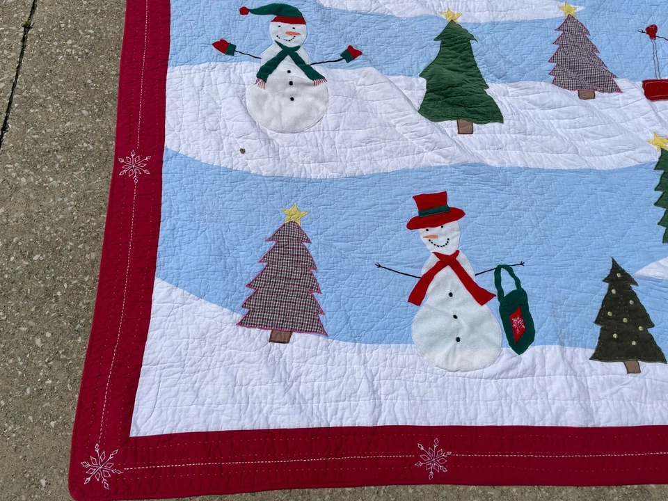 Vintage Handmade 80" Square Winter Frosty Snowman Cotton Corduroy Fleece Quilt - Image 4 of 4
