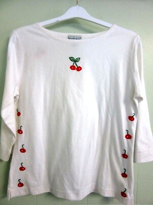 WOW 100% COTTON SOFT/COMFY MEDIUM 42'' Bust White/Red Stitched Cherries LS Top