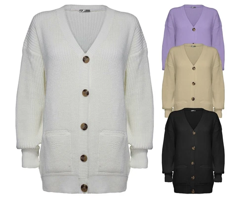 Long Sleeve Knitted Pocket Button V-Neck Cardigan Sweater Top for Ladies Women