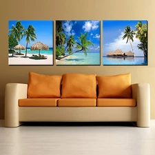 Beach/Seascape/Palm Tree ready to hang 3 piece picture mounted on MDF/canvas art
