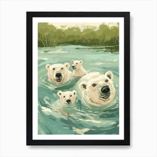 Polar Bear Family Swimming In A Riv Framed Wall Art Poster Canvas Print Picture