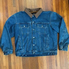 Woolrich Jacket Mens Large Blue Denim Blanket Lined Leather Collar Western Chore