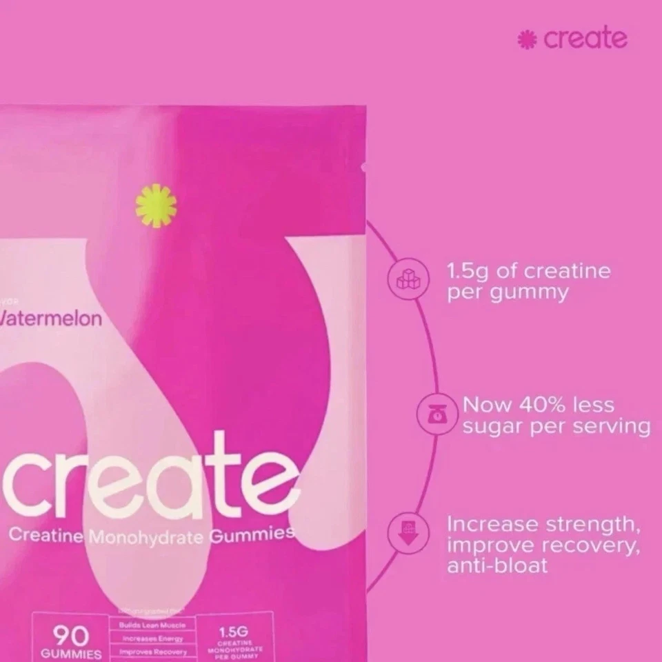 Create Creatine Monohydrate Gummies, 1,5g por Gummy Watermelon, 90ct, Não-OGM - Imagem 3 de 4
