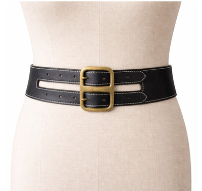 Per Se Women s Medium Black Leather Y2K Wide statement Belt Double Buckle Italy