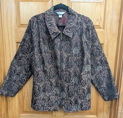 CJ Banks Women's 1X Jacket Full Zip Paisley Long Sleeves Collar Earth Tones