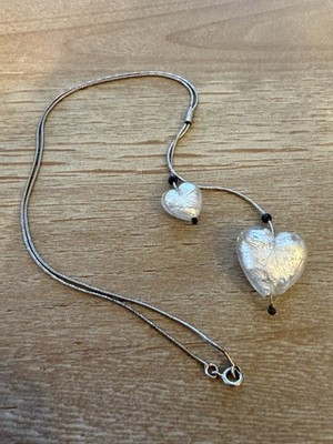 Sterling Silver Murano Style Silver Foil Art Glass Double Heart Lariat Necklace