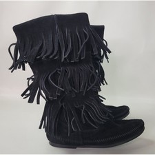 Minnetonka Womens 3-Layer Fringe Suede Moccasin Boots Black Size 7 1639