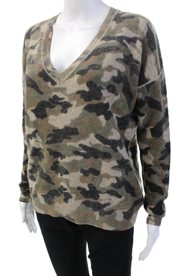 27 英里女式羊绒针织迷彩套衫毛衣上衣绿色 S 码 — 第 2/4 张图片
