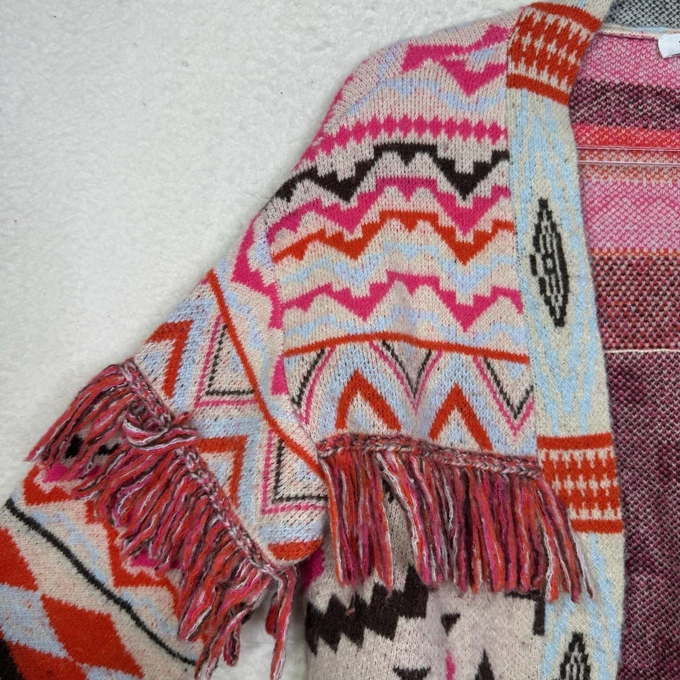 Cardigã THML Suéter Feminino Pequeno Multicolorido Franja Asteca Frente Aberta Malha Boho - Imagem 3 de 4