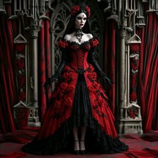 Red Black Gothic Corset Prom Dress Off Shoulder Rose Floral Lace Long Sleeve