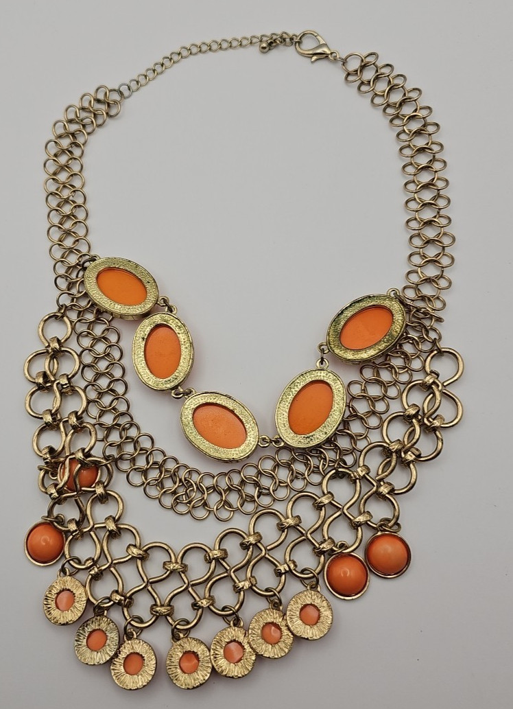 Statement Necklace Orange Linked Chains - image 5