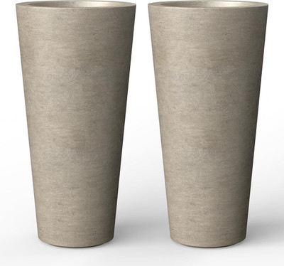 Set of 2 Stylish Tall Weathered Concrete Planters for Indoor/Outdoor Use