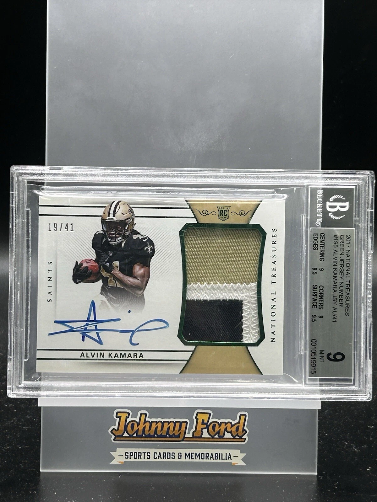 Alvin Kamara Panini National Treasures #195 Patch Autograph-Green Jersey Number