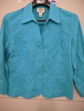 Talbots Blazer Womens 12 Teal Chore Collar Irish Linen Open Cuff Vneck Vintage