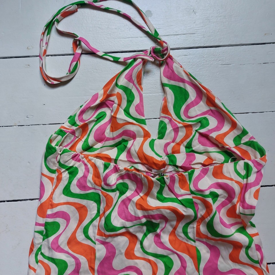 Zara Halterneck Mini Dress size small green pink orange swirls