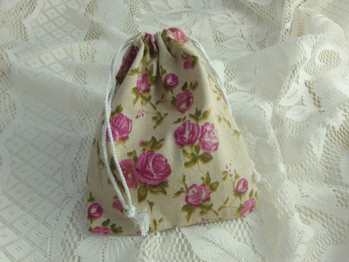 Floral Rustic Linen/Jute Drawstring Pouch Favour Bag Jewellery Gifts 14 x 16 cm