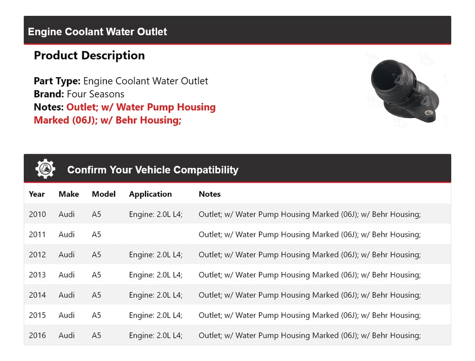 For 2010-2016 Audi A5 Engine Coolant Water Outlet 4 Seasons 2011 2012 2013 2014 - Image 2 of 4